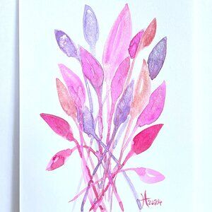 Funky Leaves Flamingo Original Watercolor Wall Art Painting 8x10in Matted Frame